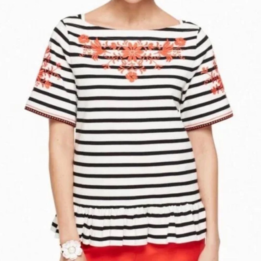 Kate Spade broom Street Black and White Striped Blouse with Orange Floral S